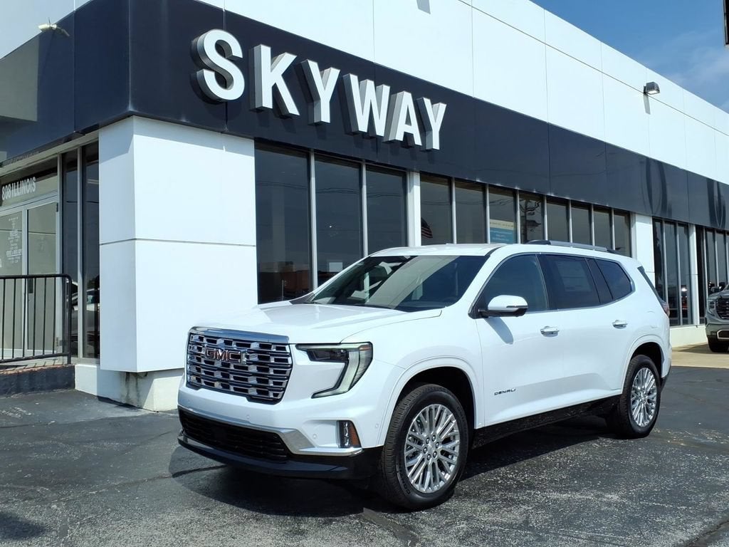 2026 GMC Acadia Denali in Glacier White Tricoat — front three-quarter view